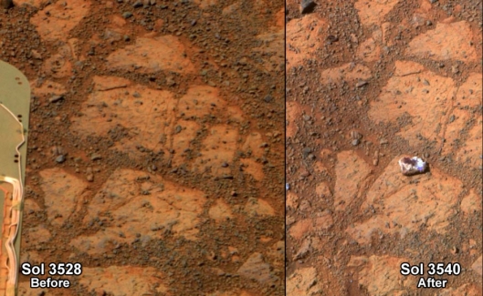 Above is a before-and-after picture of an area of ground on Mars. You can see on the right that an object appears in view. (The pictures were taken 13 days apart by NASA's rover Opportunity.) How did the object, identified as a rock, get there?     NASA/JPL-Caltech/Cornell Univ./Arizona State Univ. 